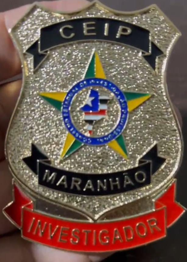 Brasão e distintivos semelhantes aos usados pelos policiais civis.